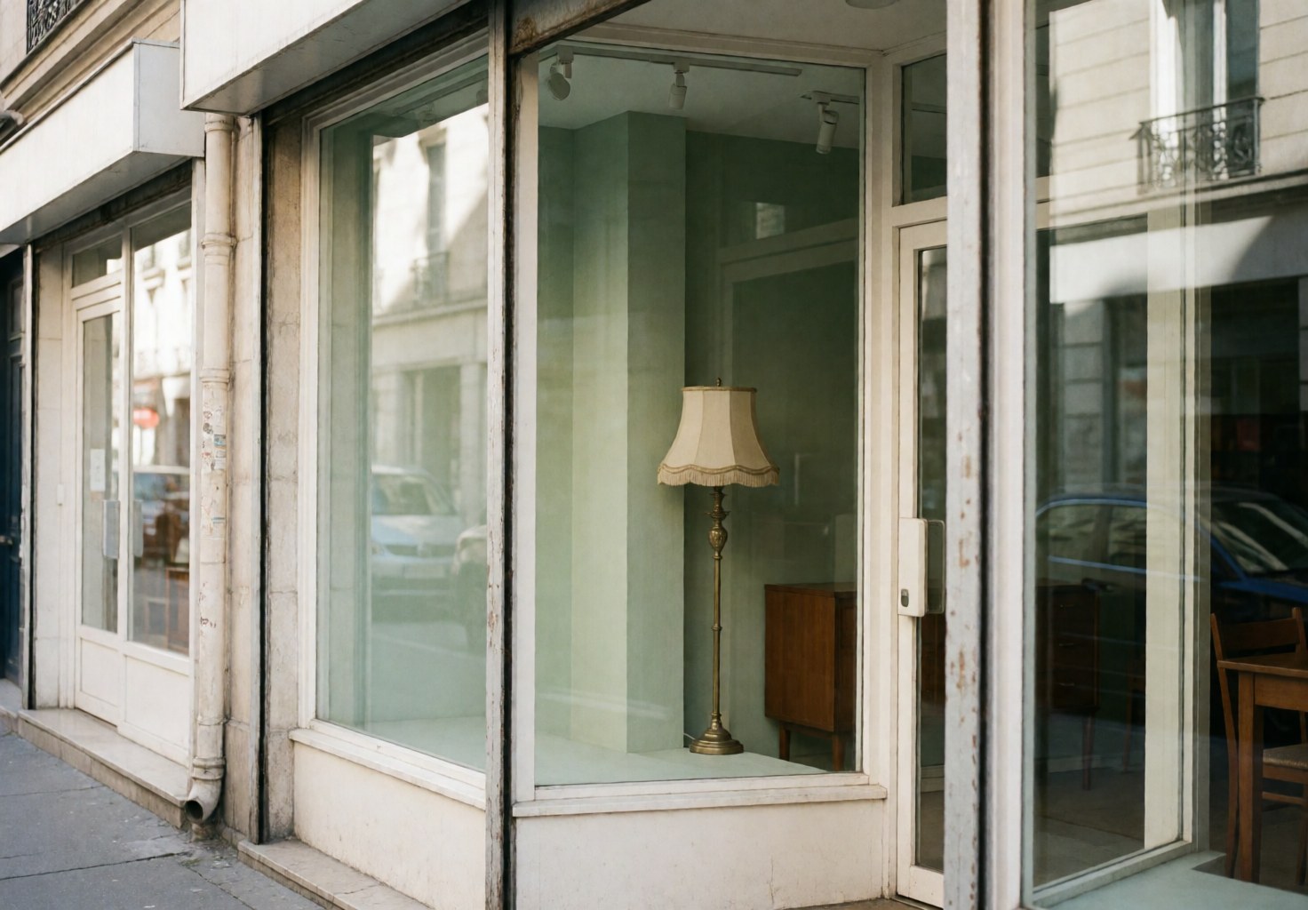 Vue extérieure d'une devanture de commerce avec une entrée claire, des vitrines en verre et un éclairage naturel mettant en valeur l'architecture du bâtiment.