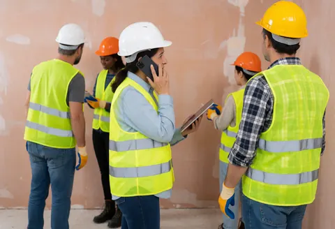 Une femme en tenue de sécurité discute au téléphone sur un chantier actif, entourée de travailleurs et de murs en plaques de plâtre.