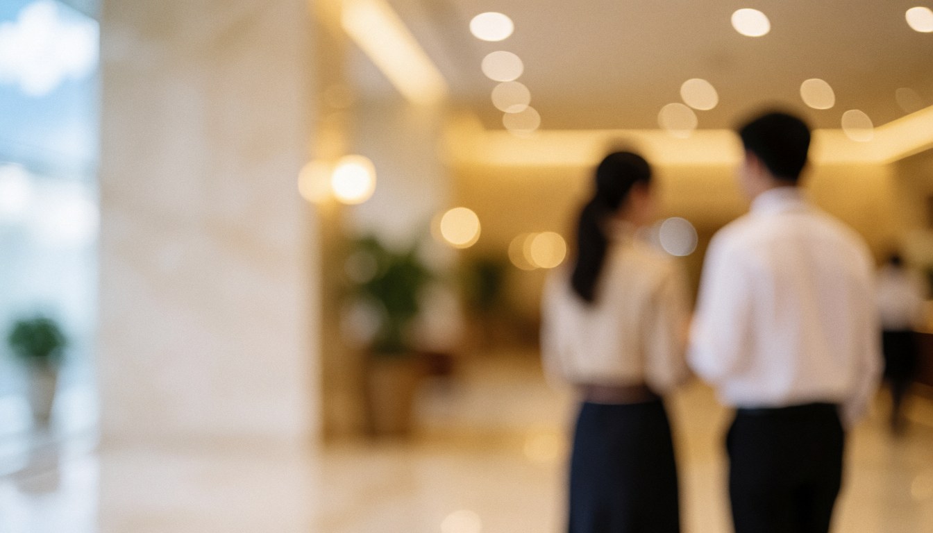 Arrière-plan d'entrée de hôtel aux tons chauds avec effets bokeh lumineux offrant un espace libre pour ajouter du texte, idéal pour supports commerciaux.