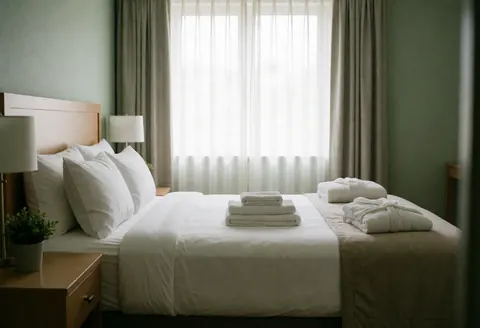 Lit d'hôtel avec draps blancs, serviettes pliées et une plante sur la table de chevet, lumière naturelle douce traversant la fenêtre avec des rideaux.