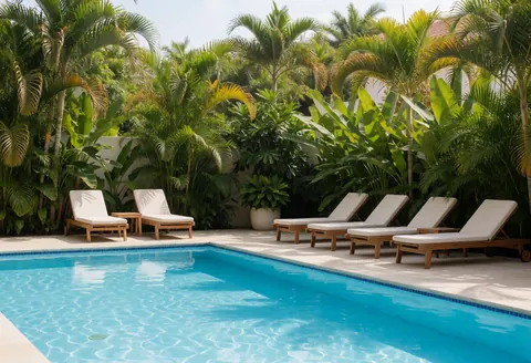 Piscine extérieure avec transats en bois et coussins blancs, entourée de palmiers et de feuillage tropical sous un soleil éclatant.