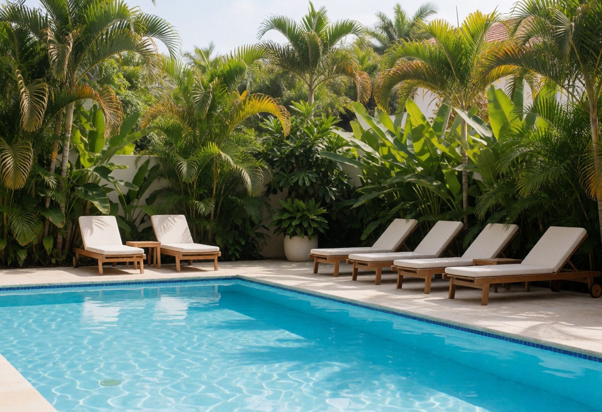 Piscine extérieure avec transats en bois et coussins blancs, entourée de palmiers et de feuillage tropical sous un soleil éclatant.