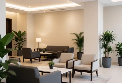 Vue du hall d'un hôtel avec canapés modernes, plantes vertes et murs beige. Éclairage chaleureux créant une ambiance propre et sophistiquée pour les voyageurs.