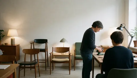 Deux personnes travaillent sur des meubles en bois dans un atelier. Chaises design, lampes et outils sont disposés sur les tables. Murs blancs et lumière chaude créent une ambiance professionnelle.