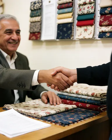 Un vendeur en bureau serre la main d'un client derrière un comptoir, avec des tissus colorés à motifs en arrière-plan.