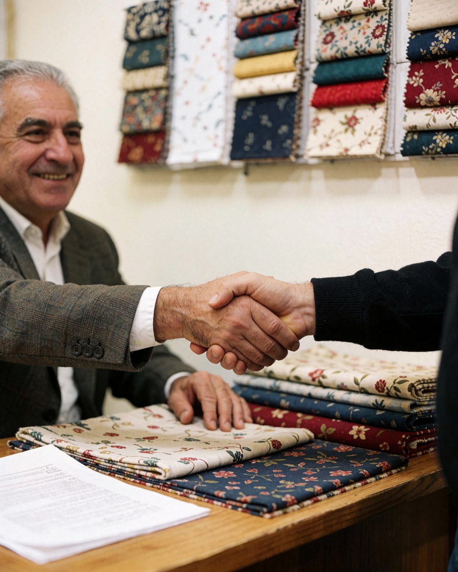 Un vendeur en bureau serre la main d'un client derrière un comptoir, avec des tissus colorés à motifs en arrière-plan.