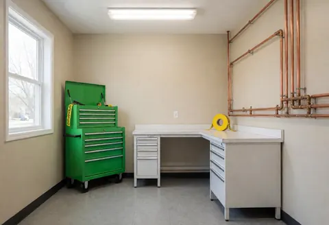 Intérieur d'un bureau de plomberie avec murs beige, sol gris, établi blanc, tuyaux de cuivre, boîte verte et ruban jaune sous éclairage fluorescent.
