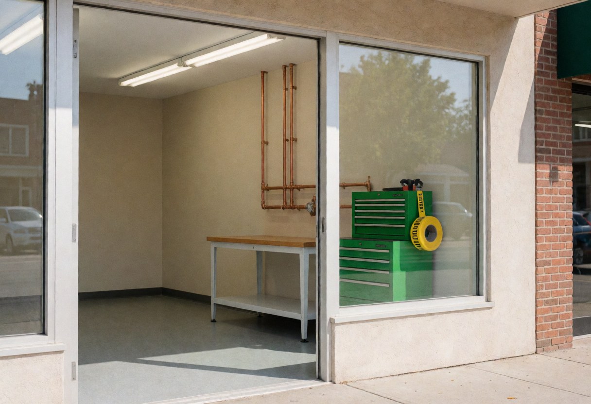 Façade d'un atelier de plomberie exposant des tuyaux en cuivre, une boîte à outils verte et du ruban jaune sur un sol gris et un mur beige sous lumière fluorescente par temps ensoleillé.