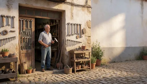 Façade extérieure d'un magasin de quincaillerie au style rustique avec des murs en pierre, une porte en bois et des plantes sur le côté.