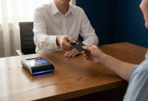 Un banquier remet une carte de débit à un client dans un bureau. Une terminal de paiement numérique avec une lumière bleue est posée sur une table en bois.