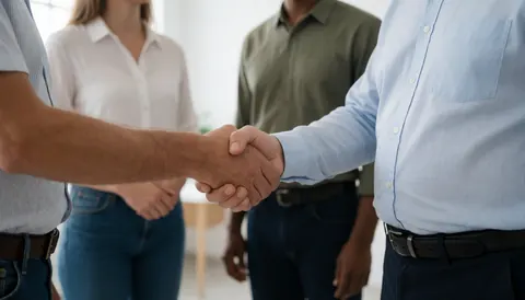 Deux professionnels se serrent la main dans un bureau pour sceller un accord commercial important.