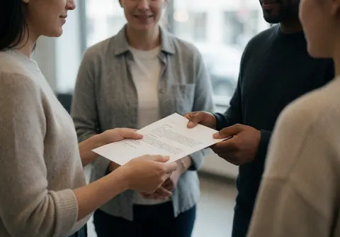 Une vendeuse remet un document contractuel à un client dans un environnement de bureau moderne et professionnel.