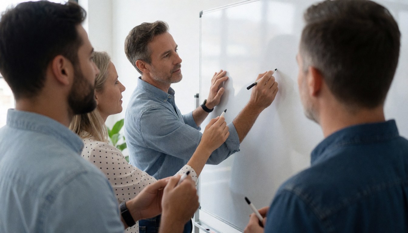 Collaborateurs utilisant un tableau blanc dans un bureau moderne avec lumière naturelle pour une réunion stratégique.