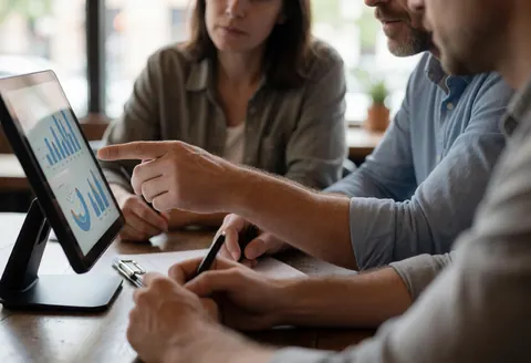 Un conseiller explique des graphiques sur une tablette à un client dans un café, avec des mains et des outils en premier plan, dans un environnement chaleureux et professionnel.