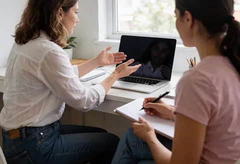 Une consultante explique une stratégie commerciale à une cliente qui prend des notes dans un bureau lumineux avec ordinateur portable et cahier.