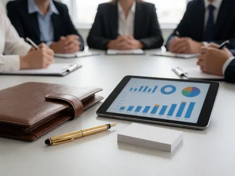 Vue rapprochée d'une table de conférence montrant un portefeuille, un stylo, une tablette affichant des graphiques et des cartes lors d'une réunion.
