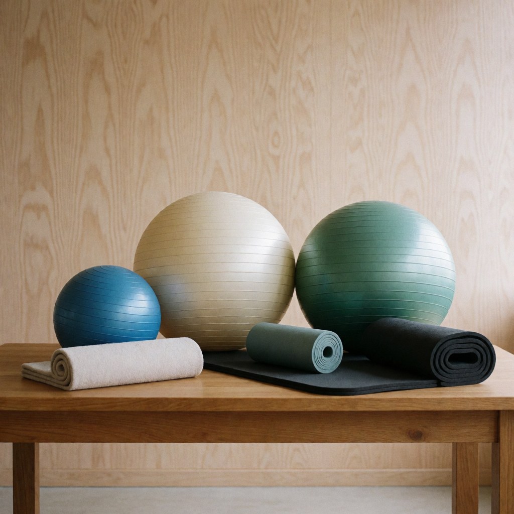 Ensemble de ballons et couvertures de physiothérapie disposés sur une table en bois avec un fond en panneaux de bois naturel et une lumière douce.