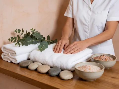 Mains de masseur posées sur des serviettes blanches, pierres, sels et branches d'eucalyptus sur une table en bois.
