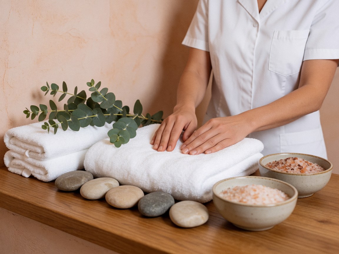 Mains de masseur posées sur des serviettes blanches, pierres, sels et branches d'eucalyptus sur une table en bois.