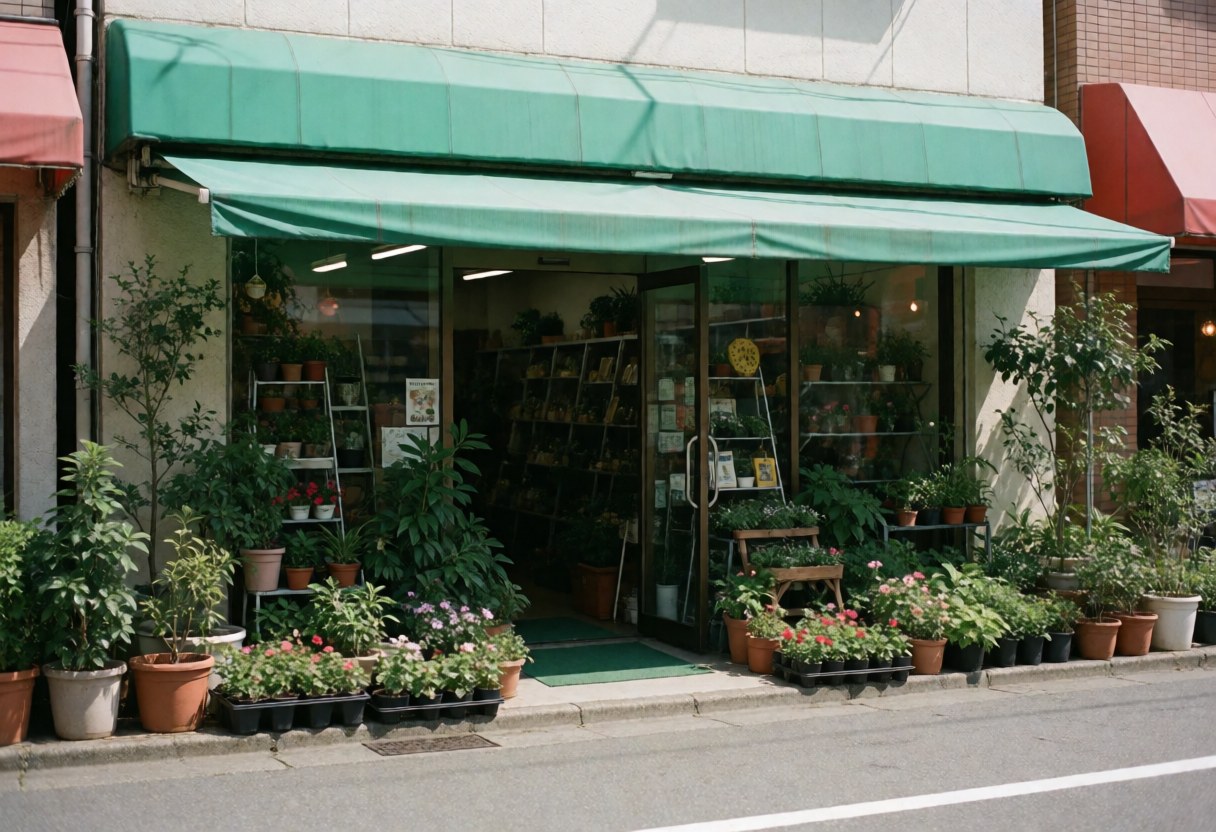 Façade d'un magasin de jardinage abritant des plantes en pots et des fleurs sous un auvent vert créant une ambiance naturelle et accueillante.
