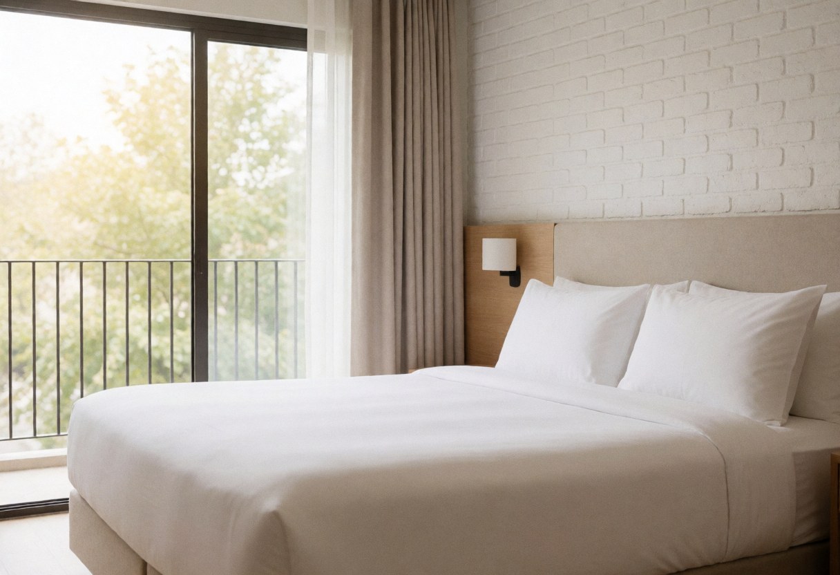 Chambre d'hôtel moderne avec un grand lit, un mur en briques blanches, une fenêtre offrant une vue sur le balcon et une lumière naturelle abondante.