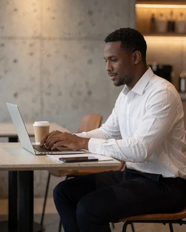 Un jeune homme concentré travaille sur son ordinateur portable posé sur une table basse, accompagné d'une tasse de café, dans un espace moderne aux murs en béton et à l'éclairage chaleureux.