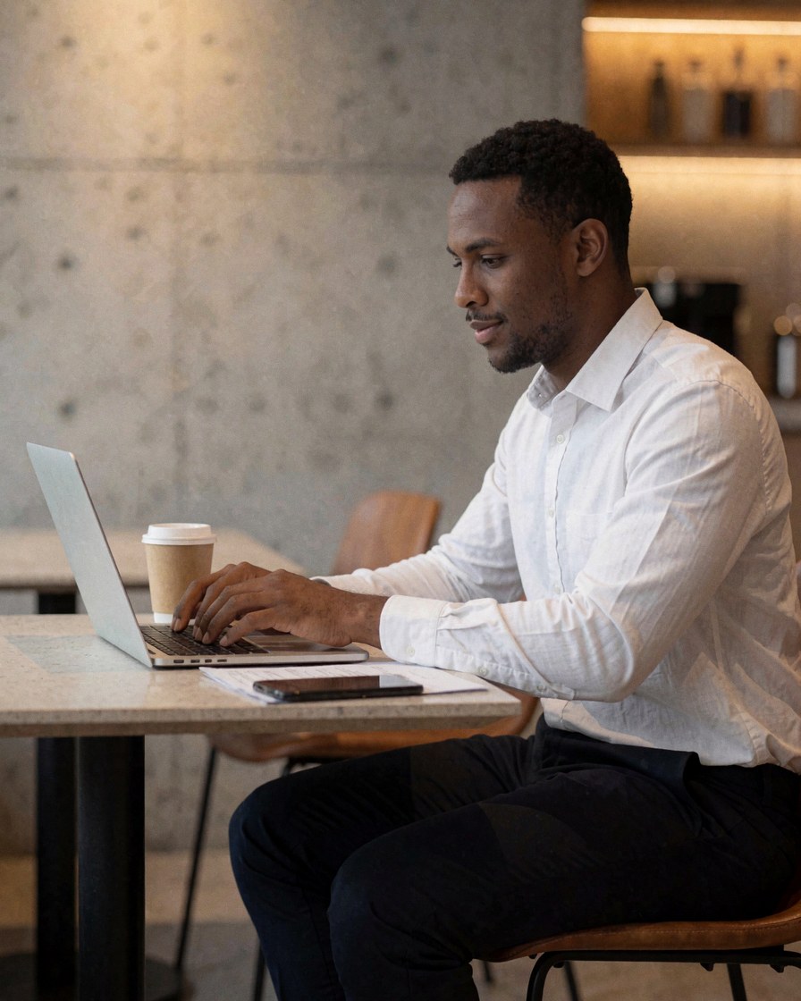 Un jeune homme concentré travaille sur son ordinateur portable posé sur une table basse, accompagné d'une tasse de café, dans un espace moderne aux murs en béton et à l'éclairage chaleureux.