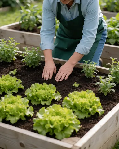 Un jardinier professionnel plante de la laitue dans des contenants en bois, avec des mains en contact avec la terre, dans un environnement calme et naturel.