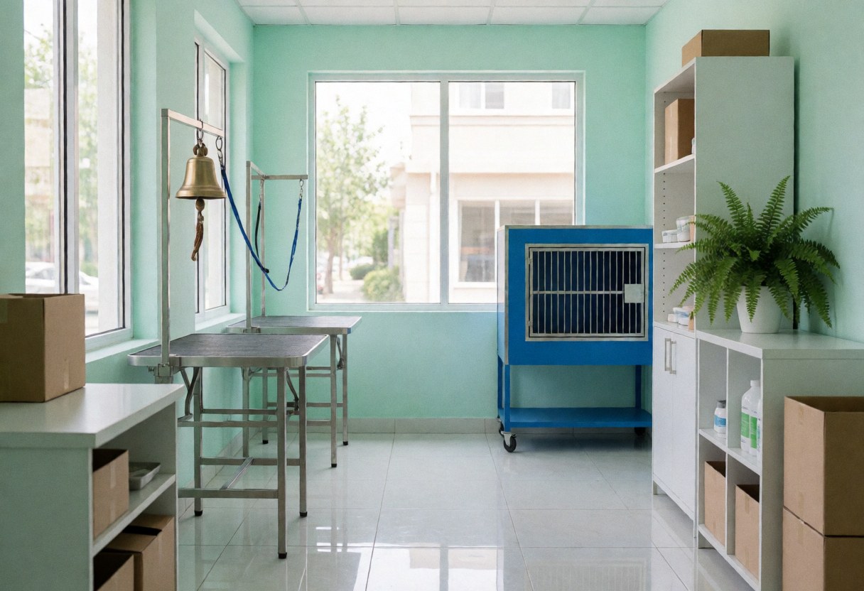 Intérieur d'un salon de toilettage pour chiens avec murs verts, sol blanc, table de coupe, cage bleue et plante. Luminosité naturelle et organisation soignée.