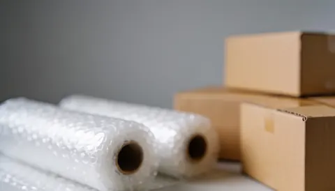 Arrière-plan flou aux tons gris et marron évoquant un environnement logistique et commercial adapté au conditionnement de colis.