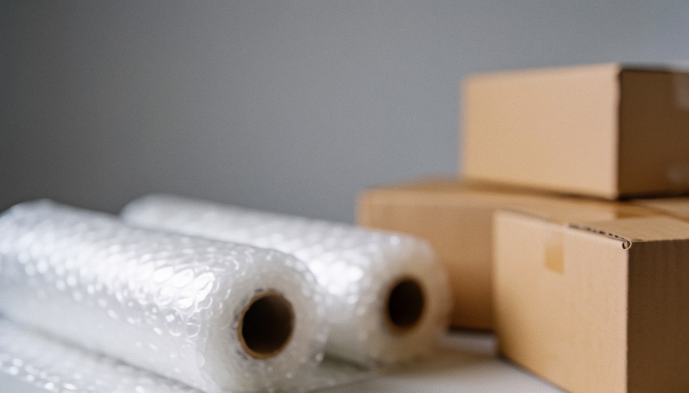 Arrière-plan flou aux tons gris et marron évoquant un environnement logistique et commercial adapté au conditionnement de colis.