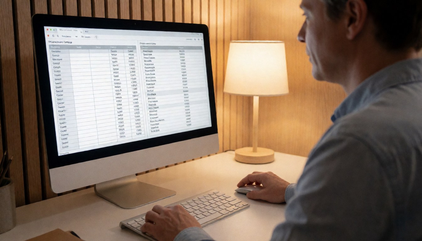 Une personne utilise un ordinateur portable avec des feuilles de calcul sur un bureau rangé, éclairage chaleureux et mur en bois pour un cadre professionnel.