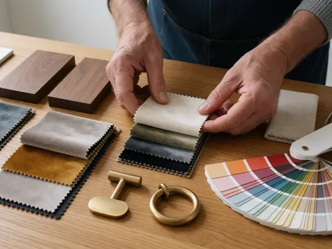 Mains d'un designer sélectionnant des échantillons de tissu et de bois sur une table avec palette de couleurs et quincaillerie en bronze.