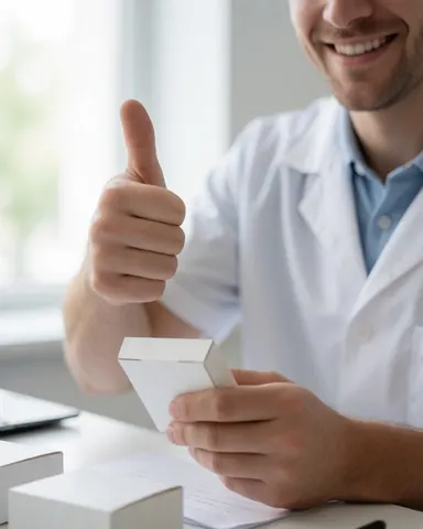 Un médecin souriant montre une boîte de médicaments avec un pouce levé dans un cabinet médical lumineux et professionnel.
