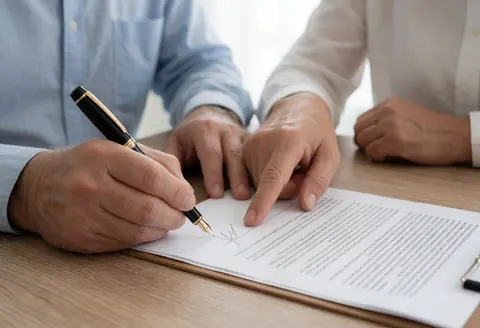 Une personne signe un contrat sur une table en bois tandis qu'une autre indique la ligne de signature dans un bureau professionnel.