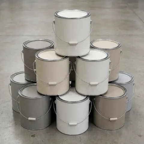 Bidons de peinture empilés verticalement aux tons neutres posés sur un sol en béton, éclairage uniforme et esthétique industrielle propre.