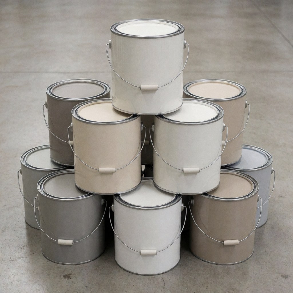 Bidons de peinture empilés verticalement aux tons neutres posés sur un sol en béton, éclairage uniforme et esthétique industrielle propre.