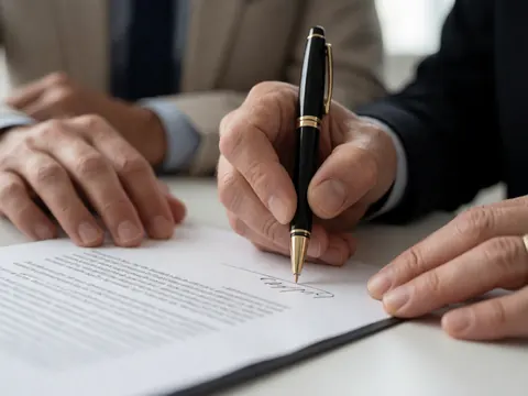 Prise de vue rapprochée des mains signant un contrat officiel avec un stylo sur un bureau professionnel.
