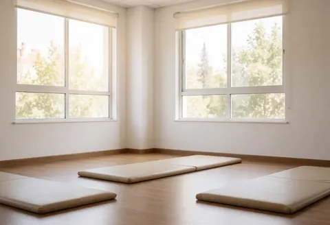 Vue d'une salle de thérapie physique vide, équipée de matelas au sol, de grandes fenêtres laissant entrer la lumière naturelle et de finitions en bois.