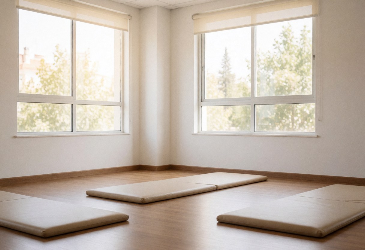 Vue d'une salle de thérapie physique vide, équipée de matelas au sol, de grandes fenêtres laissant entrer la lumière naturelle et de finitions en bois.