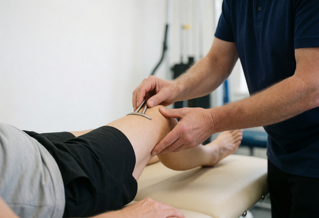 Physiothérapeute effectuant un traitement sur le genou d'un patient allongé sur une table de consultation dans un environnement clinique professionnel et lumineux.