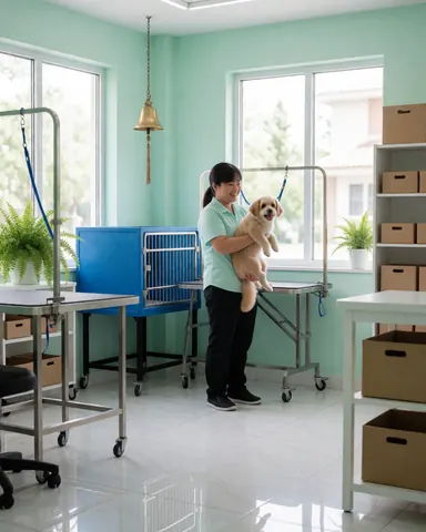 Une cliente souriante tient son chien propre et soigné après une séance de toilettage dans un salon spécialisé pour animaux.