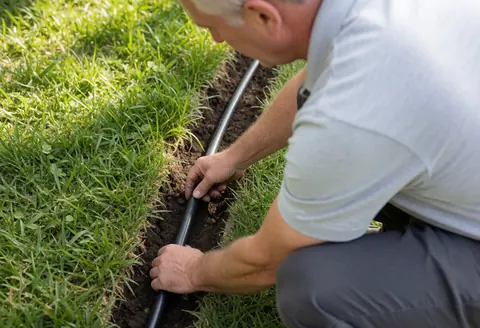 Un professionnel installe des tuyaux pour un système d'irrigation sur une pelouse en extérieur sous le soleil.