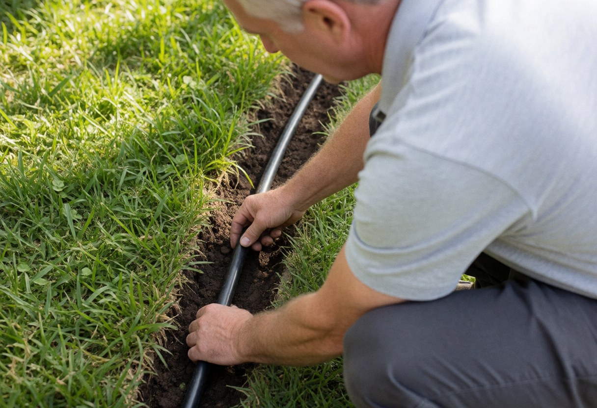Un professionnel installe des tuyaux pour un système d'irrigation sur une pelouse en extérieur sous le soleil.