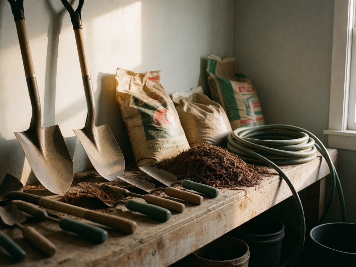 Des outils de jardinage tels que des pelles, des râteaux et des sacs de paillis disposés sur une vieille table en bois éclairée par le soleil avec des ombres douces.