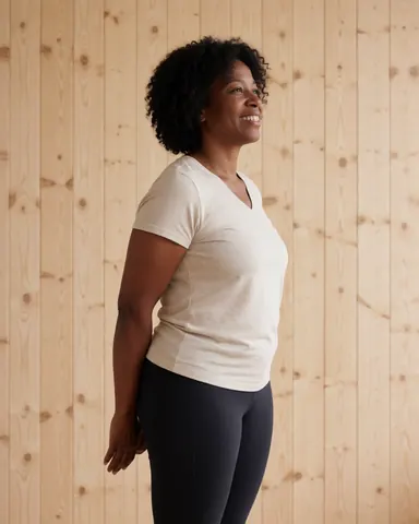 Une femme souriante effectue des étirements après une séance de yoga ou pilates dans un intérieur lumineux.