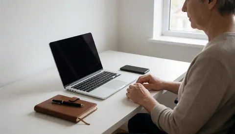 Une personne travaille sur un ordinateur portable posé sur une table blanche, accompagnée d'un téléphone et d'un cahier, dans un environnement lumineux et minimaliste.