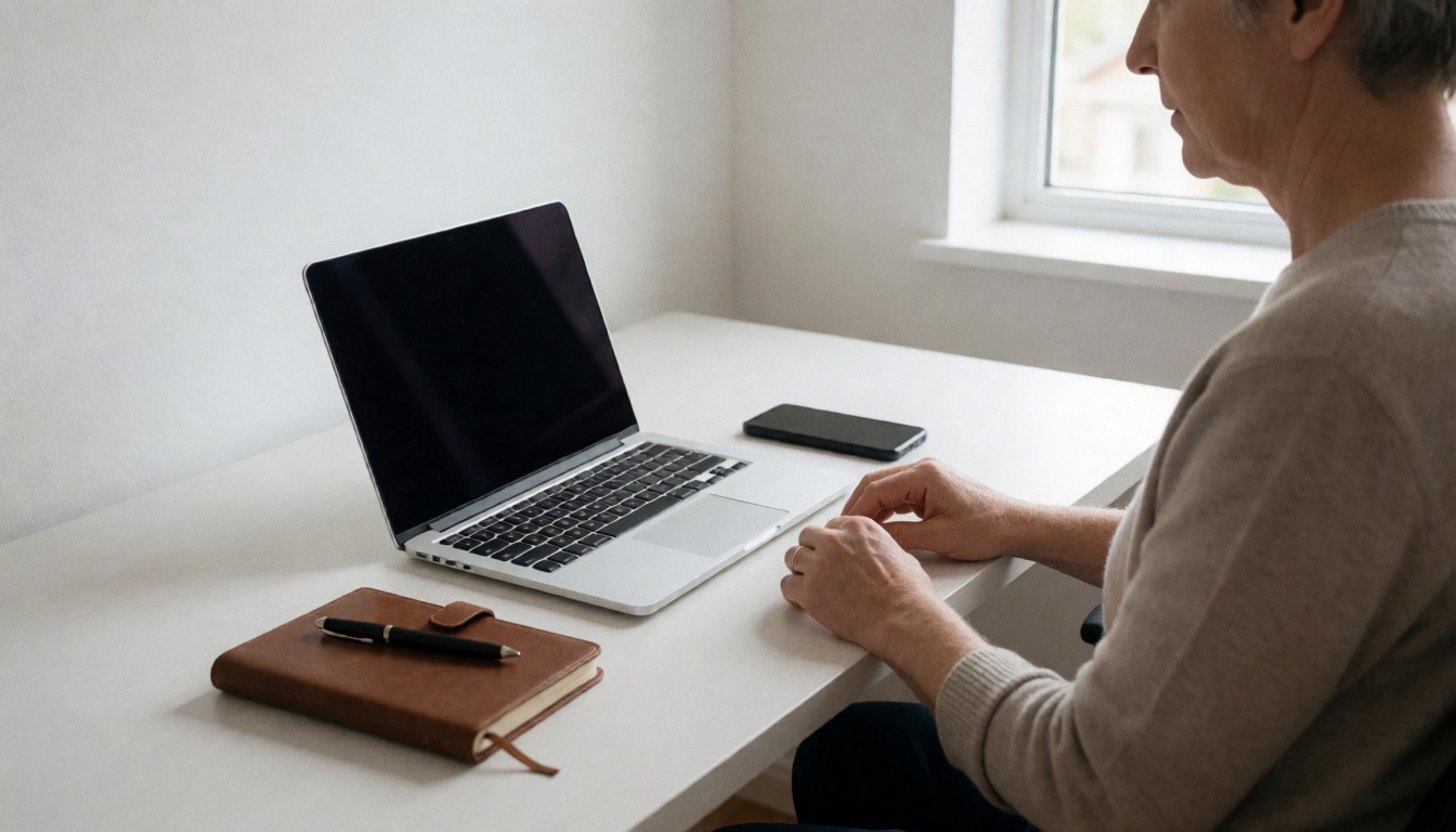 Une personne travaille sur un ordinateur portable posé sur une table blanche, accompagnée d'un téléphone et d'un cahier, dans un environnement lumineux et minimaliste.