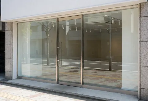 Façade moderne d'un cabinet d'architecture avec portes en verre, reflets urbains et design minimaliste sous lumière du jour.