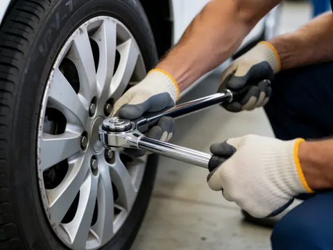 Mécanicien portant des gants serrant un boulon de roue avec une clé dynamométrique dans un atelier, vue rapprochée sur l'outil avec un fond flou et des lumières vives.